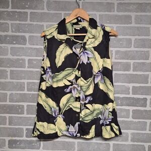 Tommy Bahama Silk Sleeveless Button Front Blouse Women L Tropical Leaf Print